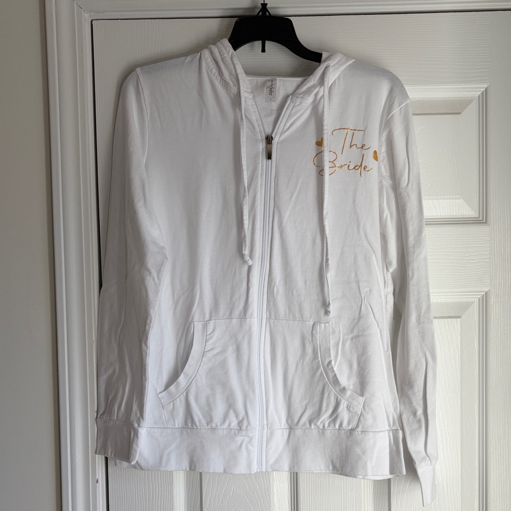 White Cotton Zip-up Hoodie with Gold 'The Bride' Iron-on